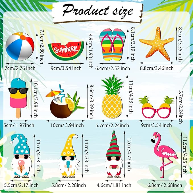 Chunful 36 Pieces Summer Tree Ornaments Christmas in July Wood Hanging Decoration Beach Wooden Slices Winter Tree Ornaments with String for Luau Hawaiian Party Supplies (Classic Style)