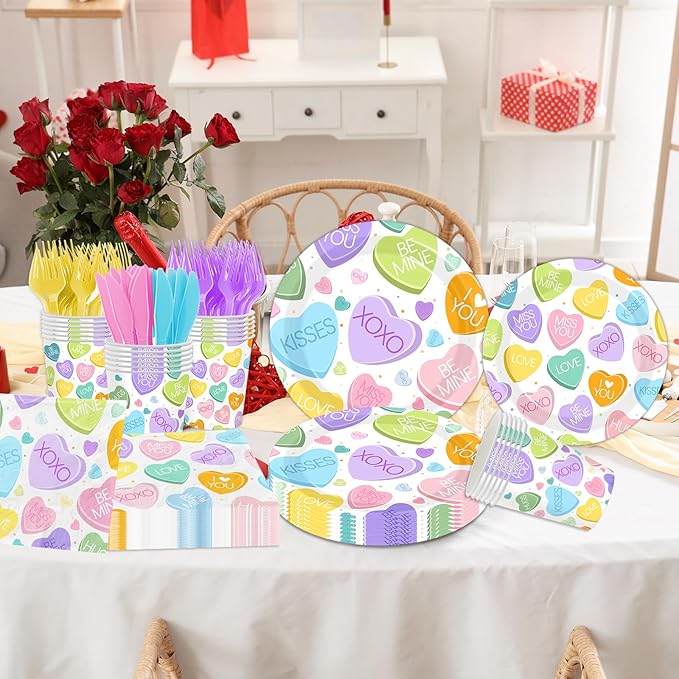 144Pcs Valentine's Day Tableware Set,Conversation Heart Valentines Day Plates and Napkins Colorful Love Valentine's Day Party Supplies for Anniversary Wedding Sweet Day Decor