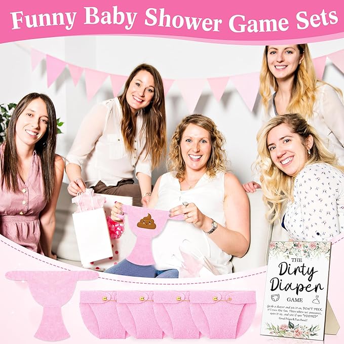 Roowest 51 Pcs Dirty Diaper Baby Shower Games Funny Wooden Sign with 50 Pcs Mini Diapers Cute Felt for Gender Reveal Party Baby Shower(Pink Flower)