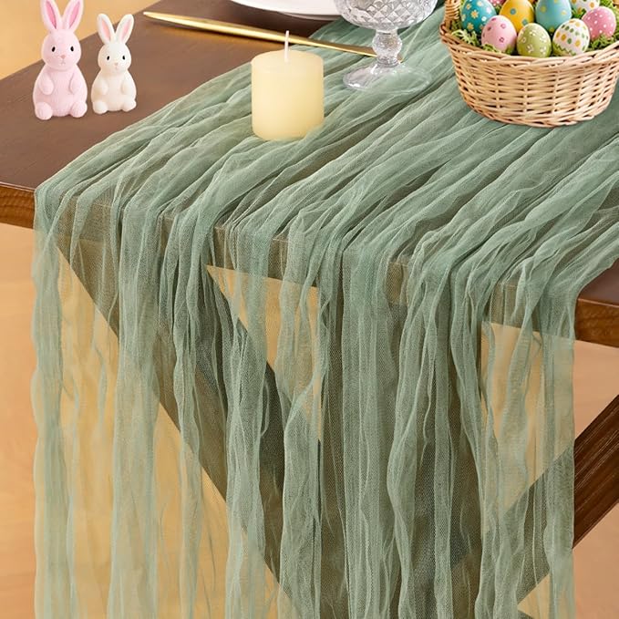 Socomi Sage Green Cheesecloth Table Runner Tulle Gauze Cheese clothBoho Rustic 120 inch 10FT Runner for Wedding Party Baby Shower Birthday Holiday Decorations 3pcs