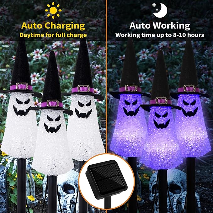 LIGHTSHINE 3PCS Ghost Solar Halloween Decorations, Solar Landscape Pathway Lights, Garden Stakes Light, Outdoor Halloween Lights Decor for Yard, Patio, Porch (Purple)