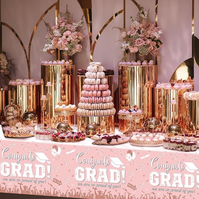 6 Pack Graduation Tablecloth Party Decorations, Class of 2026 Congrats Grad Plastic Tablecover Party Supplies, Pink Rectangle Graduation Table Decorations for College High School Party, 54 x 108 Inch