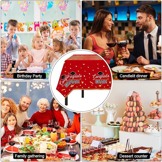 Childom 3 Pack Graduation Tablecloth,Graduation Decorations Class of 2026 Graduation Party Decorations,54"x108" Red and Gold Plastic Table Cloth Disposable Rectangle for Home,School,Party Supplies