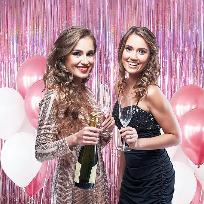 MYUPDALIN 2 Pack Pink Party Backdrop Decorations Tinsel Curtain Pink Princess Bachelorette Theme Party Decorations