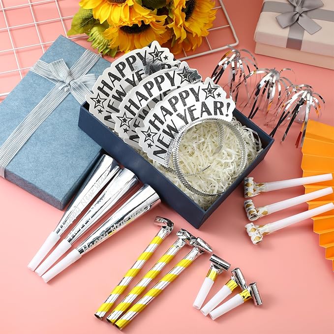 Lenwen 18 Pcs Happy New Years Eve Party Supplies New Year Noise Makers Headband Tiara Party Horn Blowers Whistles Fringed Noisemaker Novelty Favors for Adult Decoration(Silver)