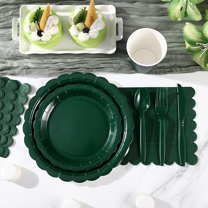 Dark Green Plates and Napkins, 25 Guest Green Party Supplies Include Christmas Plates Napkins Cups Plastic Spoons Forks Knives for Thanksgiving, Christmas, Birthday