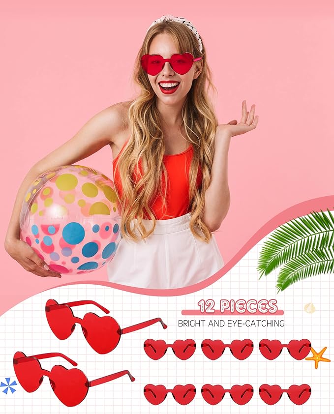 Photect 12 Pair Heart Shaped Sunglasses Neon Color Transparent Heart Glasses for Women Party Favor