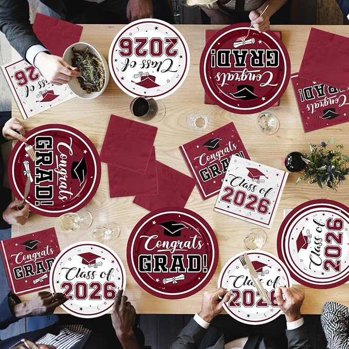 Graduation Party Plates and Napkins Maroon Class of 2026 Grad Congrats Party Supplies Disposable Dessert Paper Plates Cocktail Napkins forGraduation Party Decorations,Serve 50
