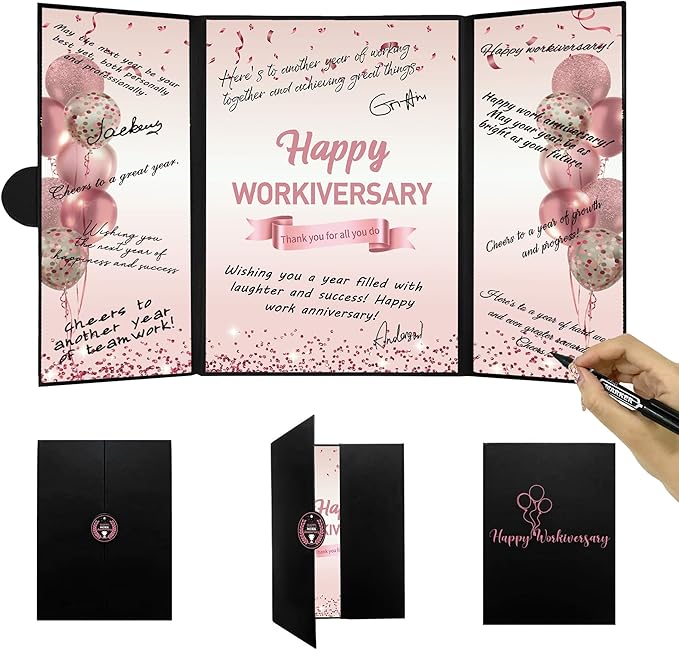 DARUNAXY Rose Gold Happy Workiversary Party Decorations, Happy Work Anniversary Alternative Signature Guest Book for Women Pink Employee Business Gifts Signing Card Board for Office Supplies