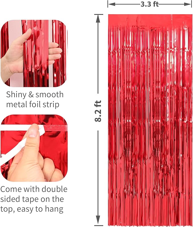 2 Pack Red Foil Fringe Curtains Streamers Party Decorations 3.3 x 8.2 ft, Tinsel Curtain Fringe Backdrop for Parties, Door Fringe Birthday Streamers, Photo Booth Backdrops, Party Decor