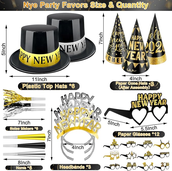 2026 New Years Eve Party Supplies, 36 Pcs Happy New Year Party Supplies Kit Serve 12, Including 6 Top Hats 3 Cone Hats 3 Tiara 12 Glasses 12 Noise Makers Black Gold Silver NYE Decoration Party Favors