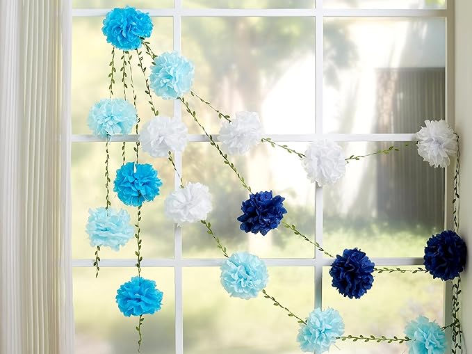 Sahoottie 2 Pc White and Blue Hanging Paper Flower Garland, 8.2 FT Ombre Tissue Paper Flower Garland, Blue Pom Pom Garland for Beach Wedding Backdrop Ocean Themed Party Bridal Shower