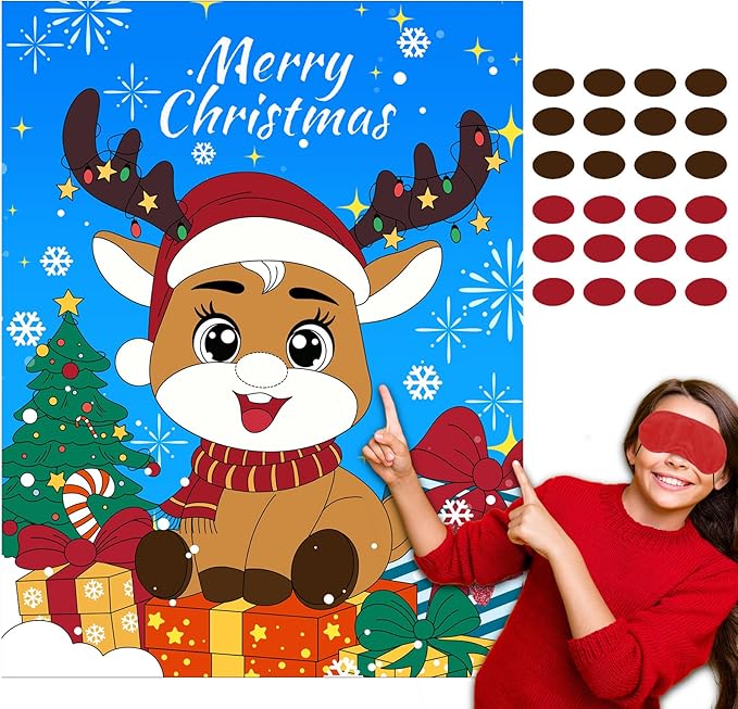 Christmas Games - Pin The Nose on The Reindeer Games for Families Party, Cute Indoor Christmas Home Decor Party Decorations, Xmas Activities Presents Holiday Decor, Blue