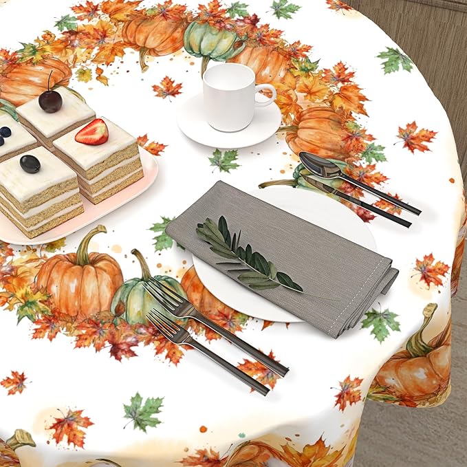 Fall Tablecloth Round 60 Inch Thanksgiving Autumn Harvest Orange Pumpkin Outdoor Table Cloth Maple Leaf Table Cover for Kitchen Dinner Room Holiday Party Outdoor Home Fall Decor