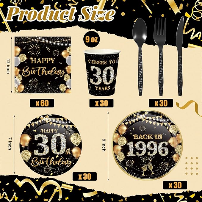240 Pcs 30th Birthday Decorations 1996 Birthday Party Tableware Include Plates Napkins 9oz Cups Cutlery 30th Anniversary Party Supplies for Men Women Him Her, Serve 30 Guests (Black Gold)