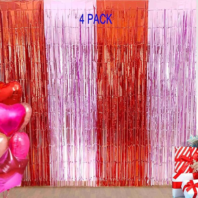Valentines Day Decorations - 4 Pack of 3.2x8.2ft Red Pink Foil Fringe Curtains Streamers Backdrop for Birthday Valentines Day Decor