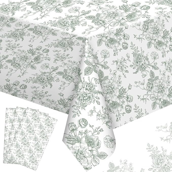 Buryeah 4 Pcs Sage Green Floral Tablecloth for Tea Party Rectangle Disposable Plastic Table Cloth Flower Table Cover for Summer Picnic Wedding Garden Birthday Baby Shower Party Favors, 54 x 108 Inch