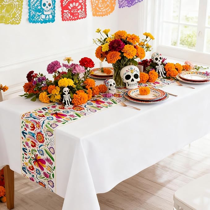 Oudain 3 Pcs Fiesta Tablecloth 108 x 54 Inch Plastic Tablecover Mexican Waterproof Tablecloth Disposable Table Cover for Taco Night Festive Mexican Fiesta Wedding Party Decoration (White 1)