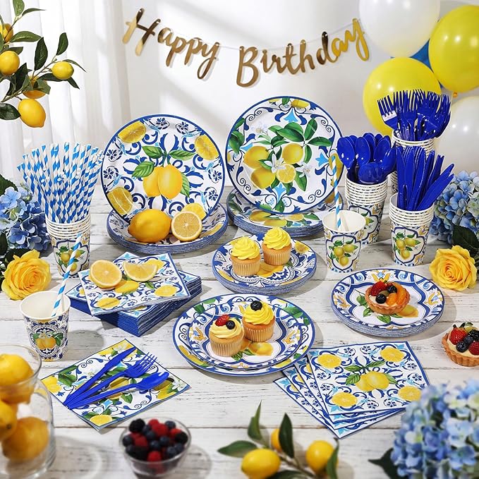 450 Pcs Capri Lemon Party Tableware Set Decorations Mediterranean Blue and Yellow Paper Plates Napkins Cups Cutlery Straws for Summer Birthday Wedding Baby Bridal Shower Supplies, Serves 50