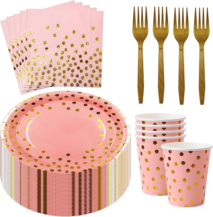 160 Pcs Pink And Gold Paper Plates(7 inches), Birthday Cake Party Plates And Napkins, Wedding Disposable Utensils Serves 40 (Pink)