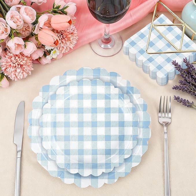 175 PCS Blue Gingham Party Supplies Includes Light Blue Gingham Paper Plates, Cups, Napkins, Cutlery for Wedding Bridal Shower Birthday Baby Shower Party Decorations, Serves 25