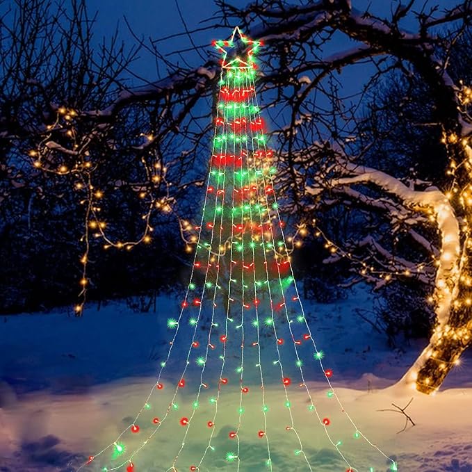 Christmas Decorations Star String Lights, 320 LEDs Outdoor Waterfall Tree Lights with 13" Topper Star, Plug in Waterproof Hanging Fairy Lights for Xmas New Year Holiday Party Yard Decor