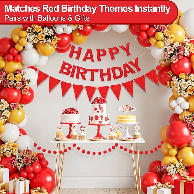 Pre-Strung Happy Birthday Banner & Felt Garland Set - Red Birthday Decorations for Women Girls | Reusable Party Supplies for Indoor & Outdoor