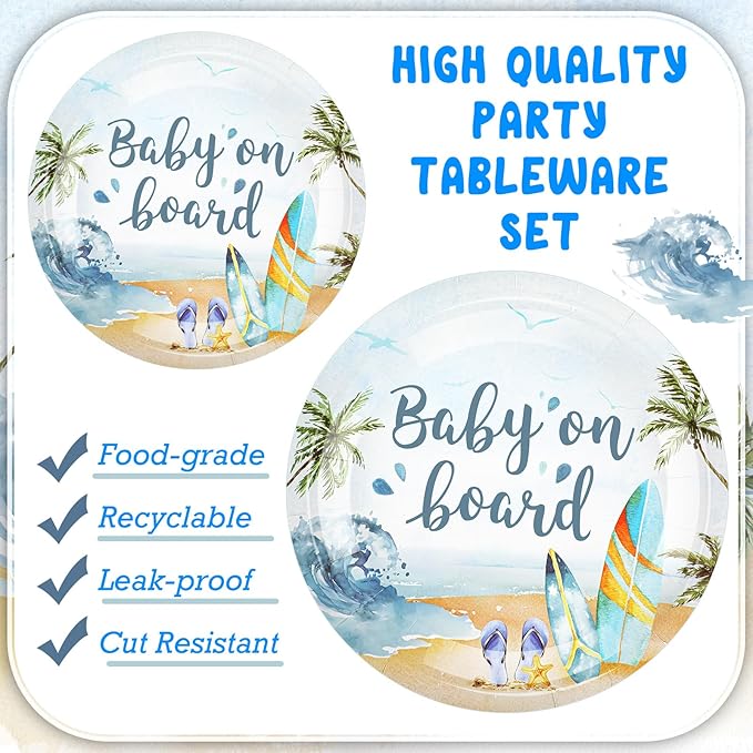 350 Pieces Baby on Board Party Decorations Supplies Tropical Summer Beach Party Tableware Set Baby Shower Party Dessert Plates Napkins Forks for 50 Guests