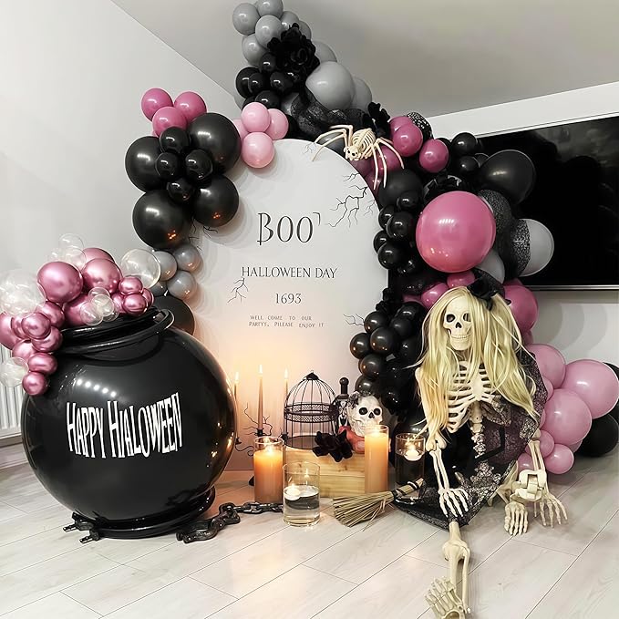 Halloween Balloon Arch Garland Kit, Black Pink Witch Halloween Balloons with Spider & Bat Decor, Metallic Fuchsia Pastel Goth Spooky Balloon for halloween Party Home Garden Outdoor Party Decorations