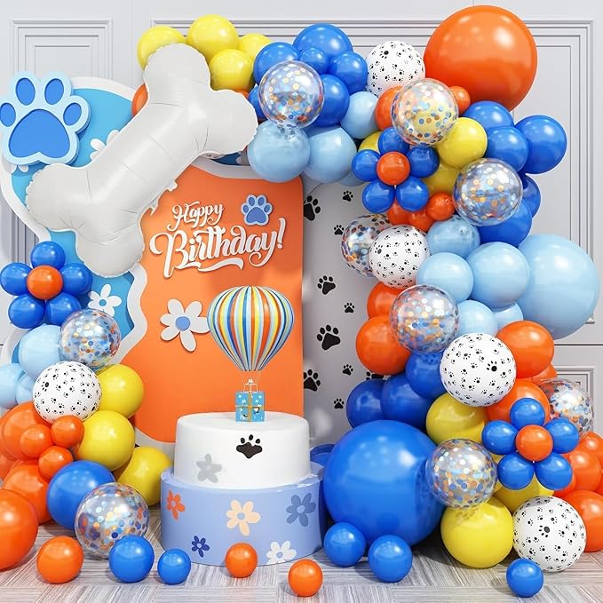 Dog Paw Balloon Arch, 105 Pcs Blue and Orange Paw Print Balloons Garland Kit, Big Bone Foil Balloon Orange Blue Confetti Balloons for Kids Children Dog Theme Birthday Party Decorations Supplies