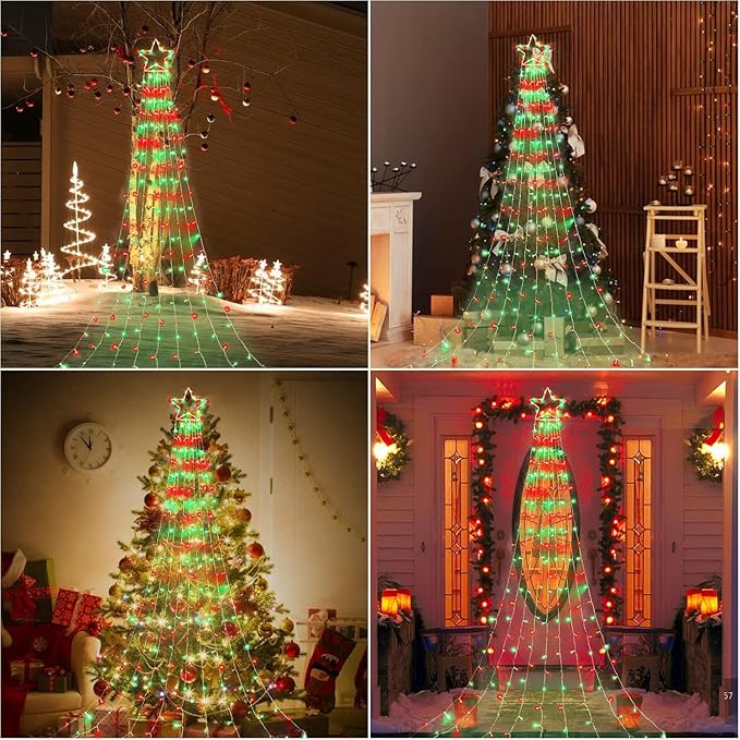 Christmas Decorations Star String Lights, 320 LEDs Outdoor Waterfall Tree Lights with 13" Topper Star, Plug in Waterproof Hanging Fairy Lights for Xmas New Year Holiday Party Yard Decor