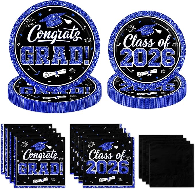 Graduation Decorations 2026 Graduation Party Plates and Napkins Set Black Blue Class of 2026 Graduation Party Supplies for Congrats Grad Party Decor, Serve 50