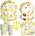 APOWBLS Bee 1st Birthday Party Supplies - Bumble Theme First Bee Day Birthday Decorations Dinnerware, Paper Plates, Cups, Napkins, Tableware Party Forks | Serve 24