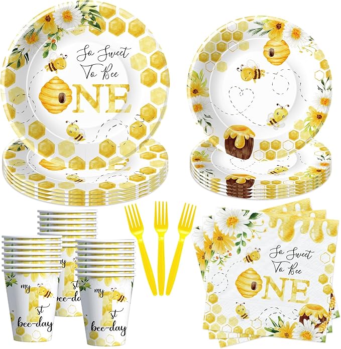 APOWBLS Bee 1st Birthday Party Supplies - Bumble Theme First Bee Day Birthday Decorations Dinnerware, Paper Plates, Cups, Napkins, Tableware Party Forks | Serve 24