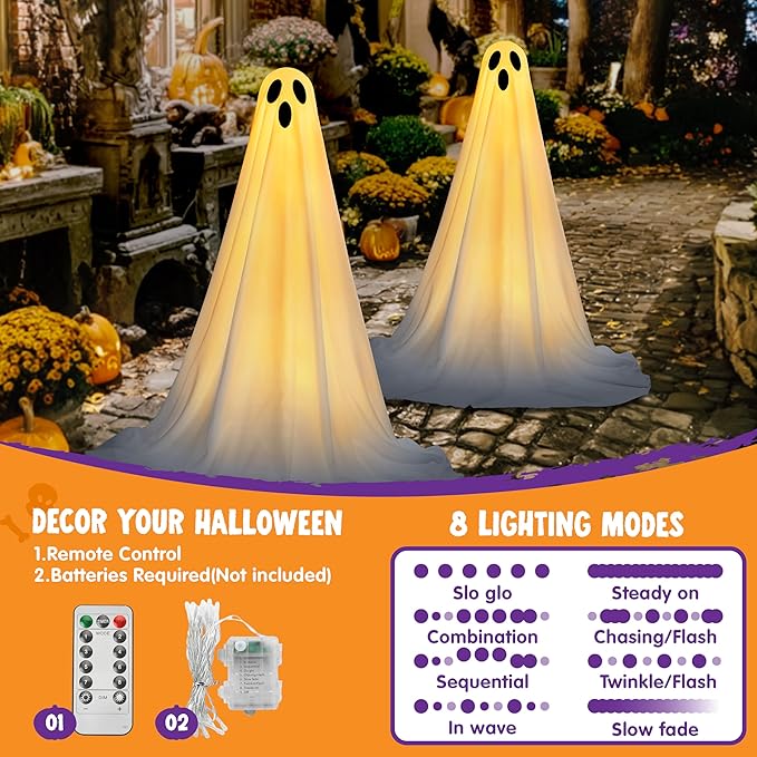 JOYIN 2 Pack 47'' Halloween Decorations Outdoor Light Up Ghost with Timer, Standing Ghost Halloween Decor with Warm String Light for Yard Porch Lawn Garden Party Supplies