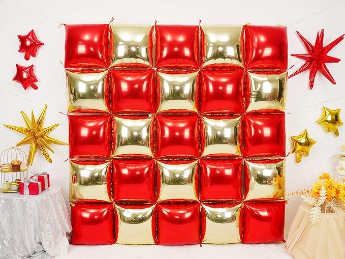 Red and Gold Square Foil Balloons Wall, Double Sided Chrome Light Gold and Red Balloons Tunnel Arch Kit Backdrop for New Year 2026 Birthday Graduation Wedding Valentine's Day Party Decorations