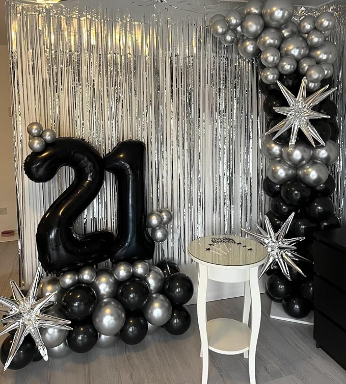 Black and Silver Balloon Arch Kit, 201Pcs Explosion Star Black Metallic Silver with Confetti Balloon Garland kit, Different Size Balloons for Anniversary Birthday Disco Party Decorations