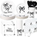 Pickmesh 194 Pcs Black Bow Birthday Decoration Coquette Birthday Tableware Set Includes Black Bow Paper Plates Napkins Cups Tablecloth Coquette Party Supplies for Baby Shower Bachelorette Party Decor