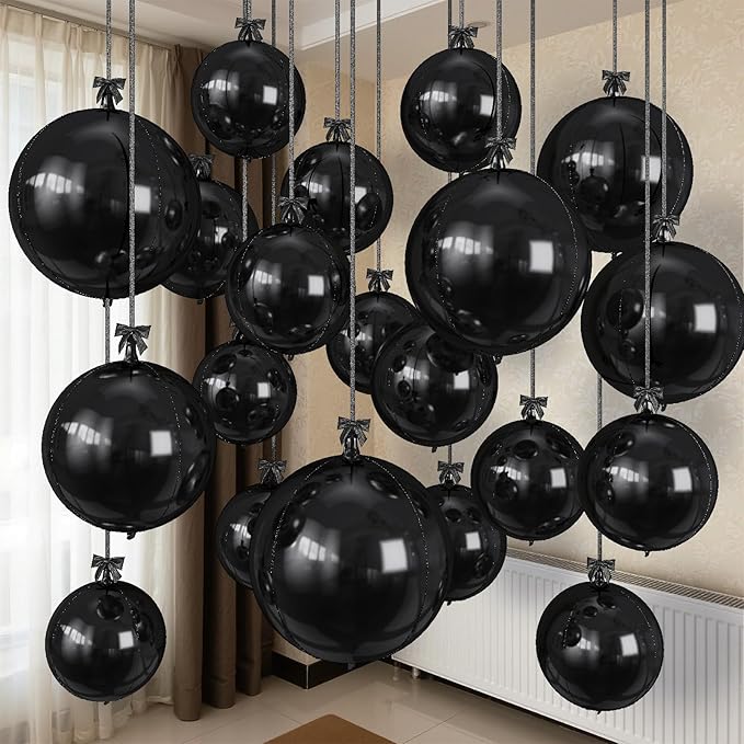 Togvu Black Round Foil Balloons, 12PCS Different Sizes 4D Metallic Balloon Large Black Sphere Mirror Ball Balloons for Prom Graduation Halloween Birthday Party Ceiling Decorations Supplies