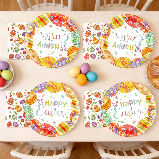 Easter Paper Plates and Napkins Set | 9 Inch Disposable Dinner Plates & Napkins for Easter Brunch, Dinner, and Party Supplies | Festive Bunny & Egg Design Tableware,Serve for 20