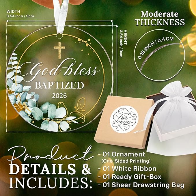 HEXMOZ Christian Easter Baptism Gifts for Boys, Girls, Adults - God Bless Baptized Ornament 2026 - Cross Christening Gift for Baby Boy Girl Godson Goddaughter - Acrylic Christmas Keepsake Decoration