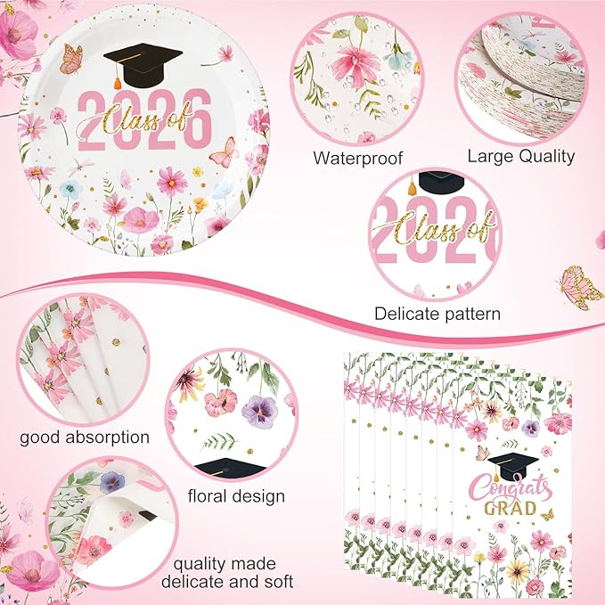 400 Pcs Class of 2026 Pink Floral Graduation Decorations for 50 Guests, Pink Gold Flower Graduation Paper Plates Napkins and Cups Cutlery Grad Tableware for 2026 Congrats Grad Party Supply