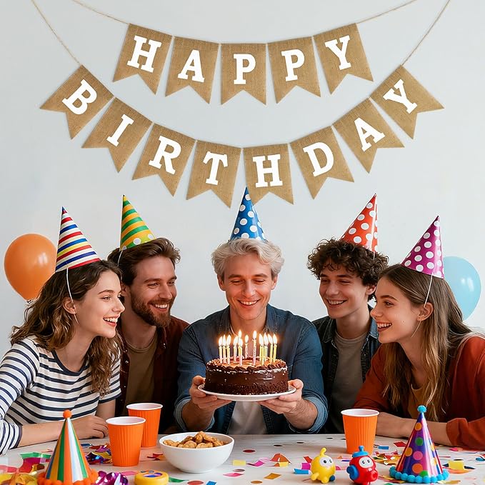 Anwyll Happy Birthday Banner - NO DIY Burlap Happy Birthday Banner Sign Happy Birthdays Party Decoration Happy Birthdays Banners Bunting for Women Men Girl Boy Celebration Party Backdrops (Brown)