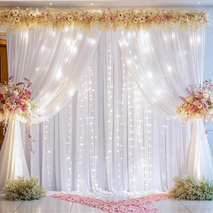 20x10FT White Backdrop Curtains with Lights for Parties,Wrinkle Free Wedding Photo Backdrop Curtains for Baby Shower Birthday Ceremony Reception Home Party Decorations-5ft x 10ft,4 Panels