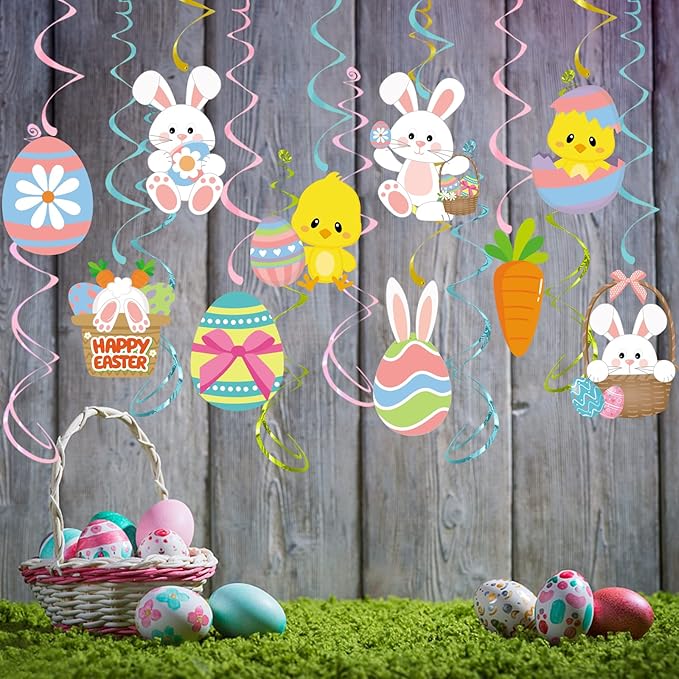 Easter Party Decorations Egg-Bunny Swirl Banner - 16pcs Easter Birthday Party Favors Supplies Gifts Hanging Decoration Streamers School Office Indoor Decor Panduola