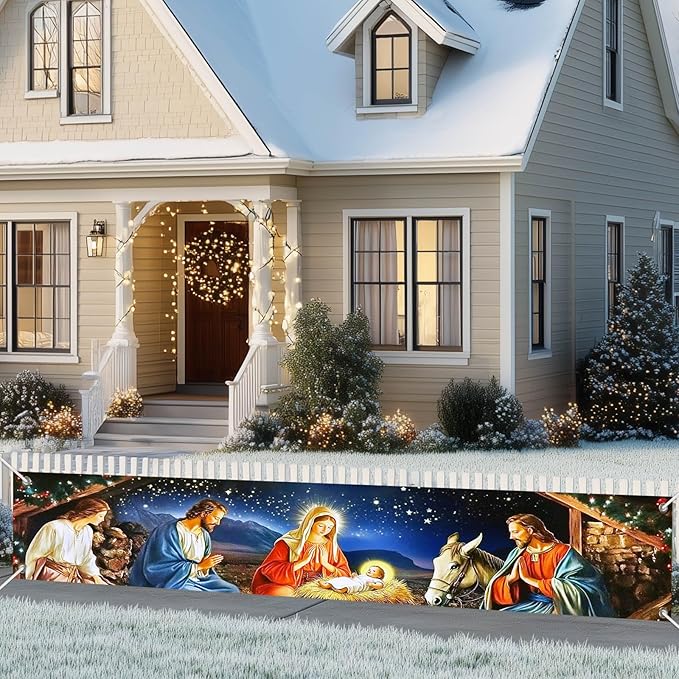 Nativity Scene Decorations Banner Polyester Fabric Holy Family Manger Design for Indoor Outdoor Garden Fence Banner Party Outdoor Porch sign 118x20 Inch Supplies Banners