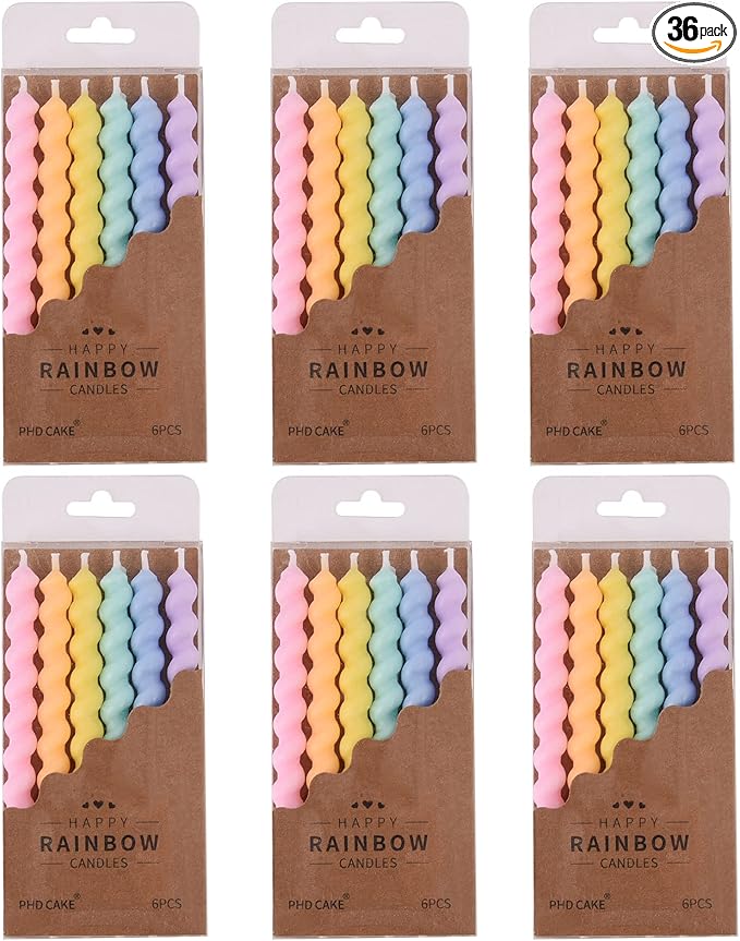 PHD CAKE 36-Count Rainbow Spiral Birthday Candles with Holders, Party Candles, Cake Candles