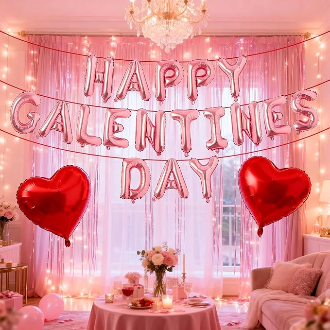 Happy Galentines Day Balloons Banner, 16 Inch Pink Galentine Letters Balloons Decorations 18 Inch Red Heart Foil Mylar Balloon for Women Ladies Galentine's Valentines Day Party Decoration Supplies