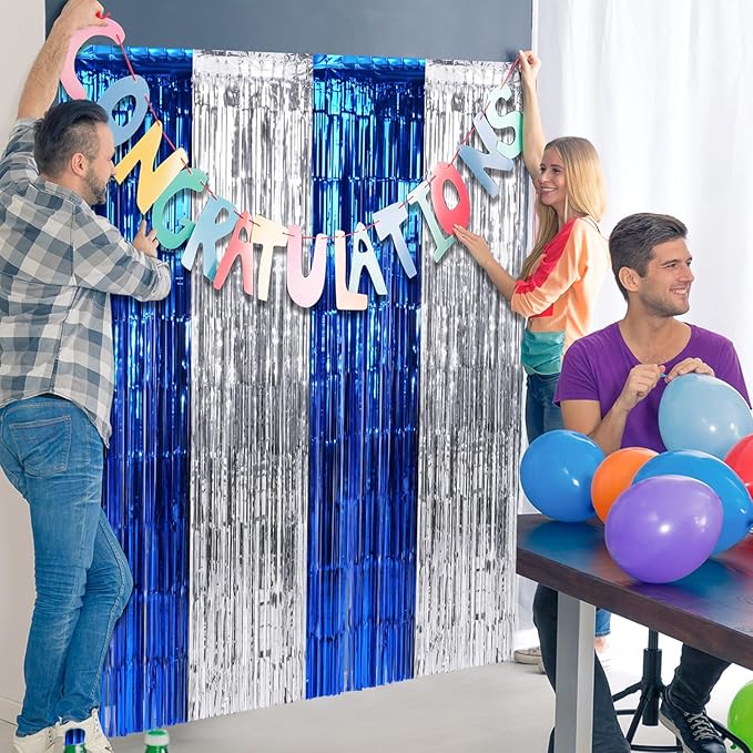 6Pack 3.3Ft x 6.6Ft Graduation Foil Fringe Curtain Backdrop Decorations, Blue Silver Metallic Tinsel Foil Streamers Curtain Photo Booth Background for Graduation Prom Wedding Birthday Party Decoration