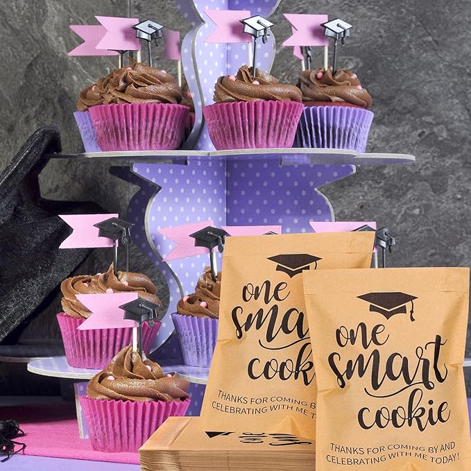 Whaline 100 Pack Graduation Candy Cookie Gift Bags One Smart Cookie Self-Adhesive Buffet Treat Bag Congrats Grad Kraft Paper Treat Gift Bags for Graduation Party Decoration Supplies